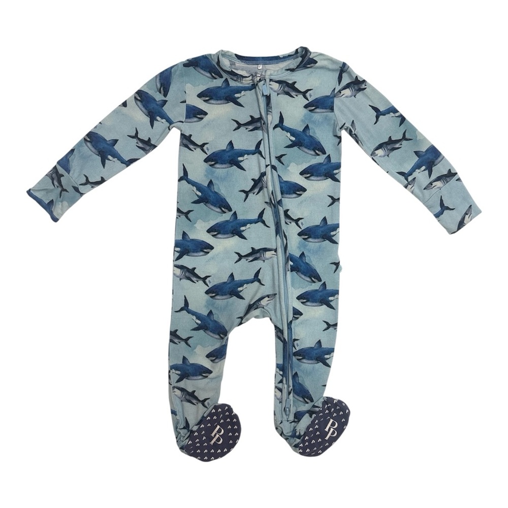 Posh Peanut Shark Blue Baby Bodysuit Onesie Sleeper • 6-9M